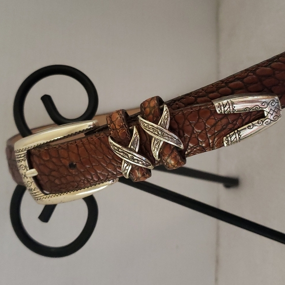 Brighton | Women's Brown Leather Alligator Croc Silver Hardware Belt Sz ML/32 - Picture 9 of 11